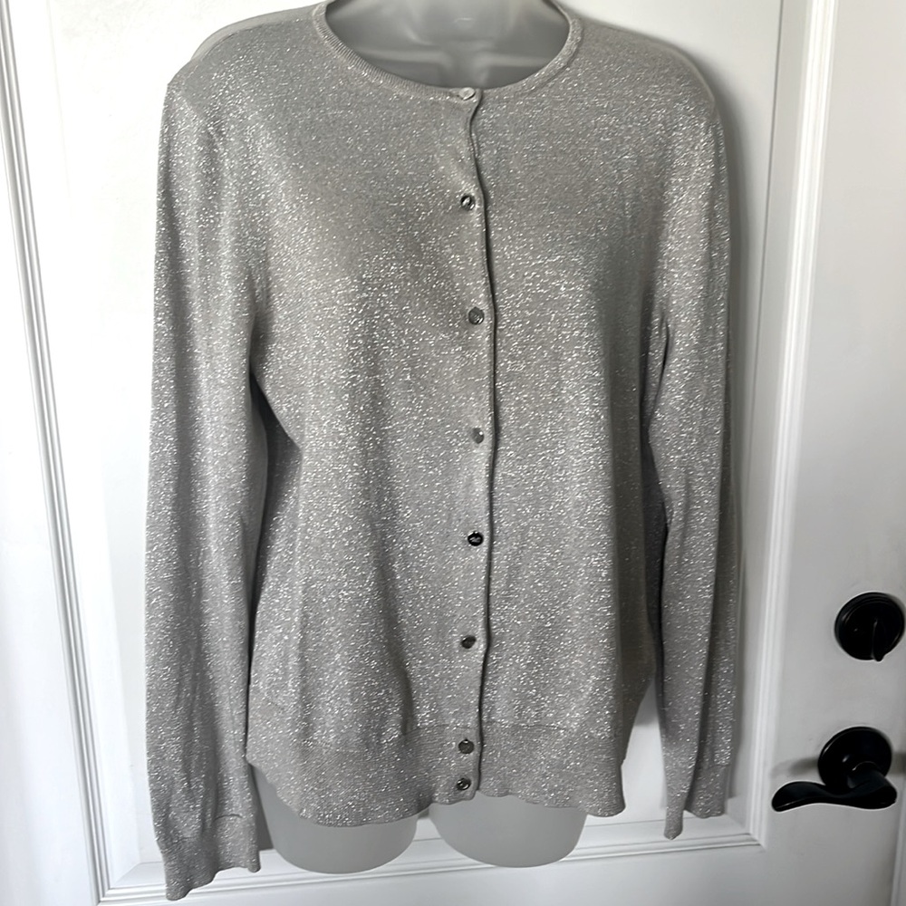 EUC Lauren Ralph Lauren, silver speckled glitter button-down cardigan sweater XL